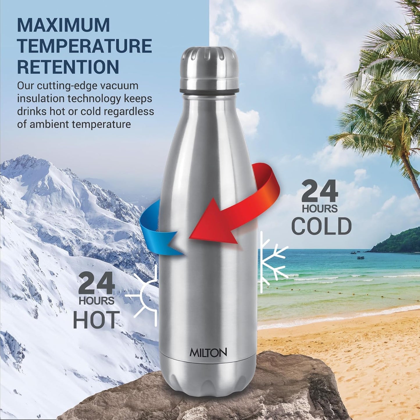 Milton Duo DLX 1000 Thermosteel Bottle, 1000 ml Water Bottles, 24 Hours Hot and Cold, Easy to Carry, Easy Grip, Rust Proof, Tea, Coffee, Office, Travel Bottle, Silver