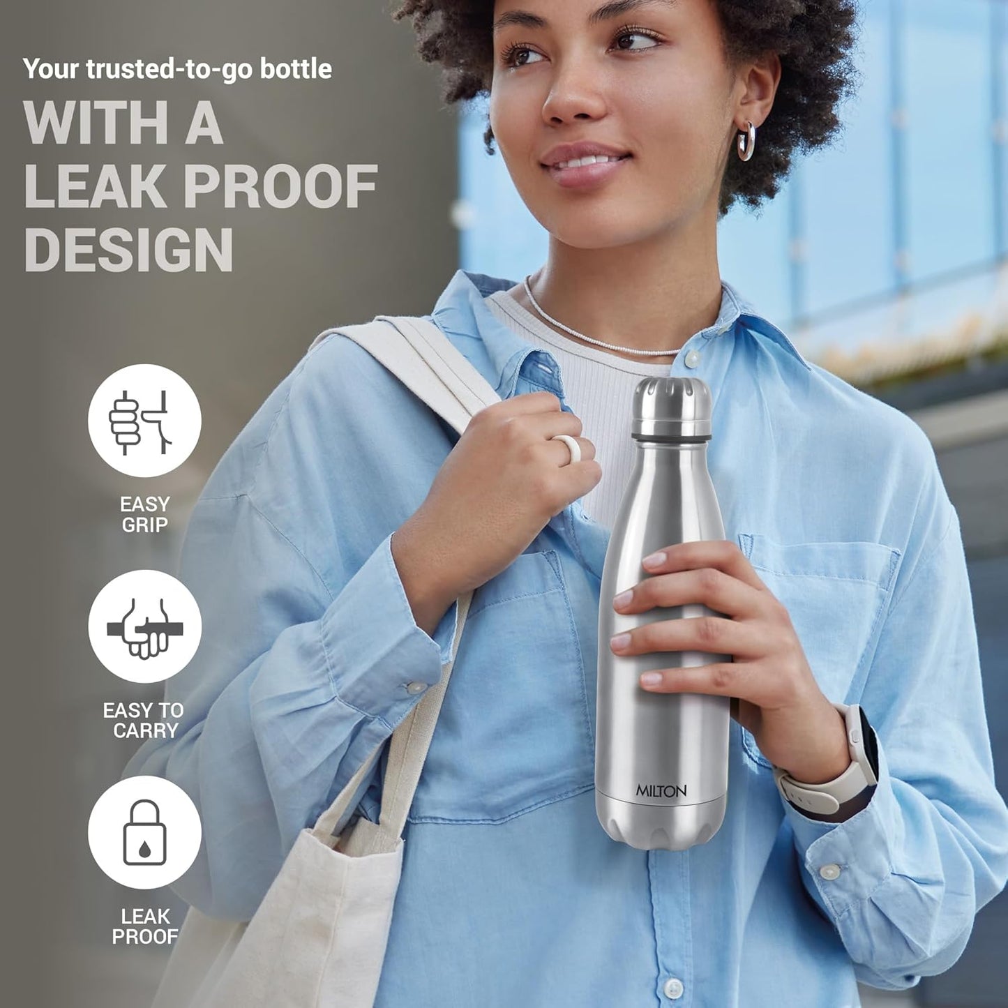 Milton Duo DLX 1000 Thermosteel Bottle, 1000 ml Water Bottles, 24 Hours Hot and Cold, Easy to Carry, Easy Grip, Rust Proof, Tea, Coffee, Office, Travel Bottle, Silver