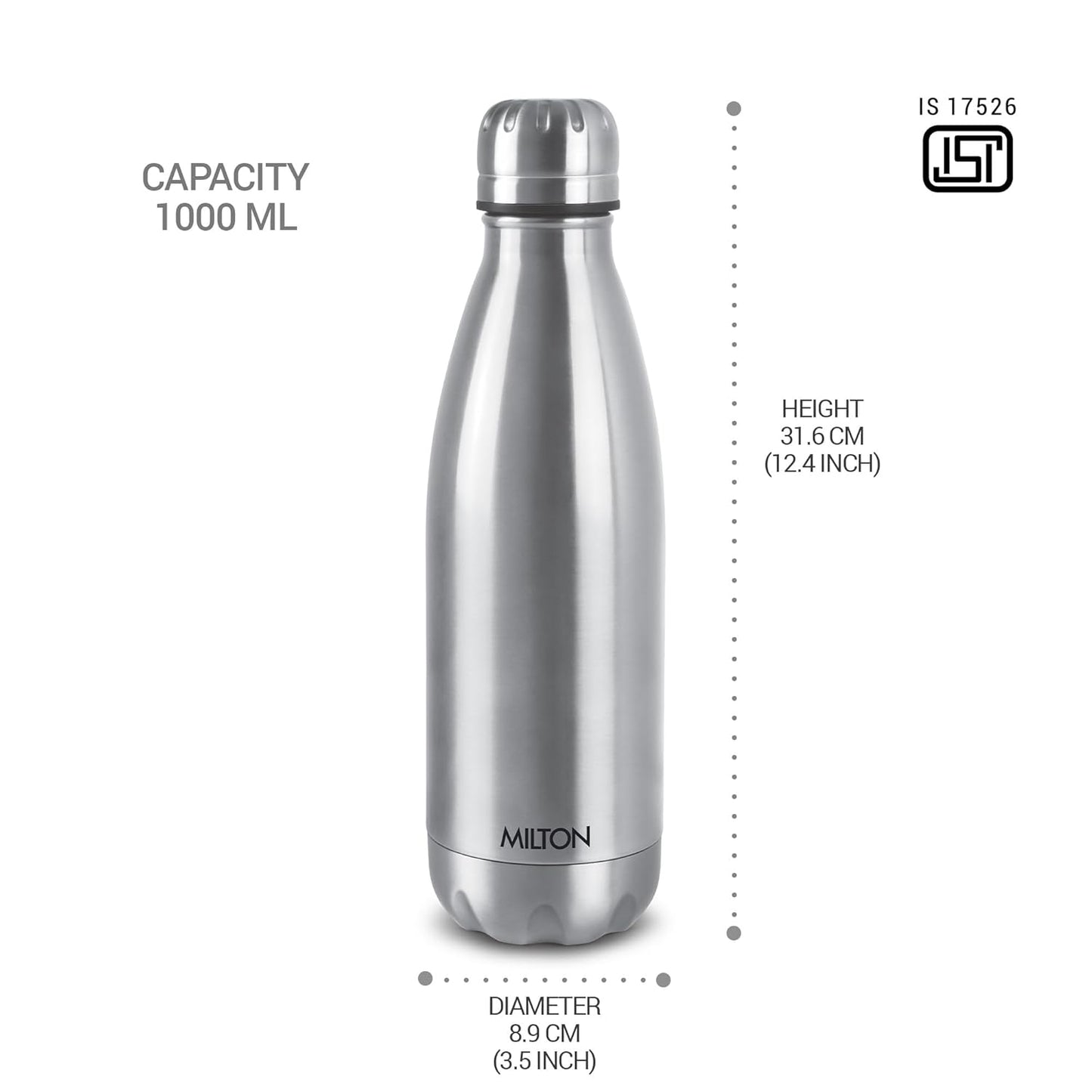 Milton Duo DLX 1000 Thermosteel Bottle, 1000 ml Water Bottles, 24 Hours Hot and Cold, Easy to Carry, Easy Grip, Rust Proof, Tea, Coffee, Office, Travel Bottle, Silver