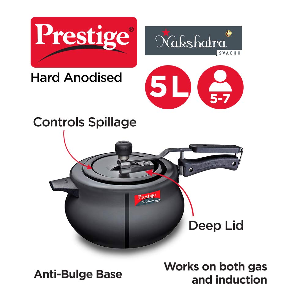 Prestige 5 Litres Svachh Nakshatra Plus Induction Base Inner Lid Hard Anodised Pressure Handi |Black | Deep Lid | Anti-Bulge Base | Sturdy Handles