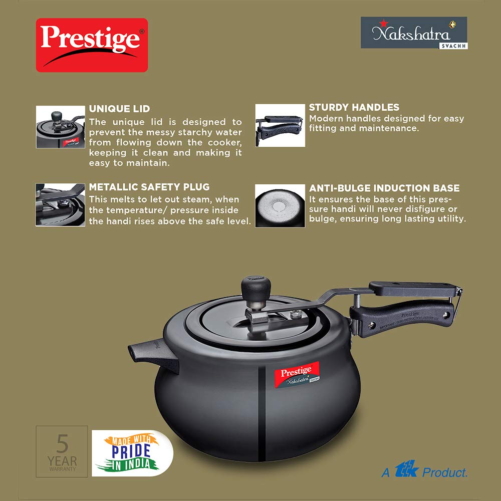 Prestige 5 Litres Svachh Nakshatra Plus Induction Base Inner Lid Hard Anodised Pressure Handi |Black | Deep Lid | Anti-Bulge Base | Sturdy Handles