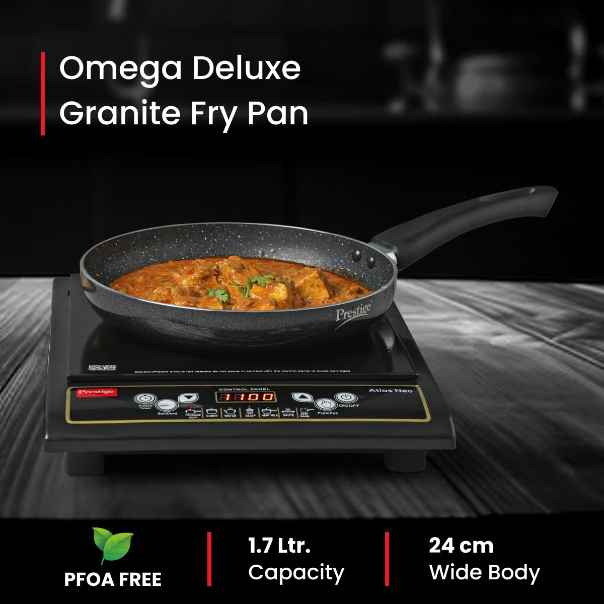 Prestige Non-Stick Omega Deluxe Granite Fry Pan | 24 Centimetre | Black | Induction Base | 5 Layer Non-Stick Cookware | Dishwasher Safe | 2-Layer Metallic Finish
