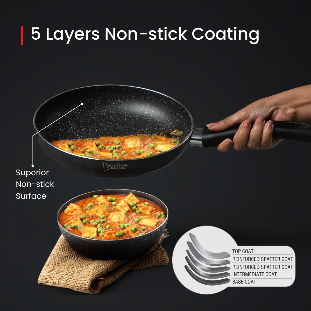 Prestige Non-Stick Omega Deluxe Granite Fry Pan | 24 Centimetre | Black | Induction Base | 5 Layer Non-Stick Cookware | Dishwasher Safe | 2-Layer Metallic Finish