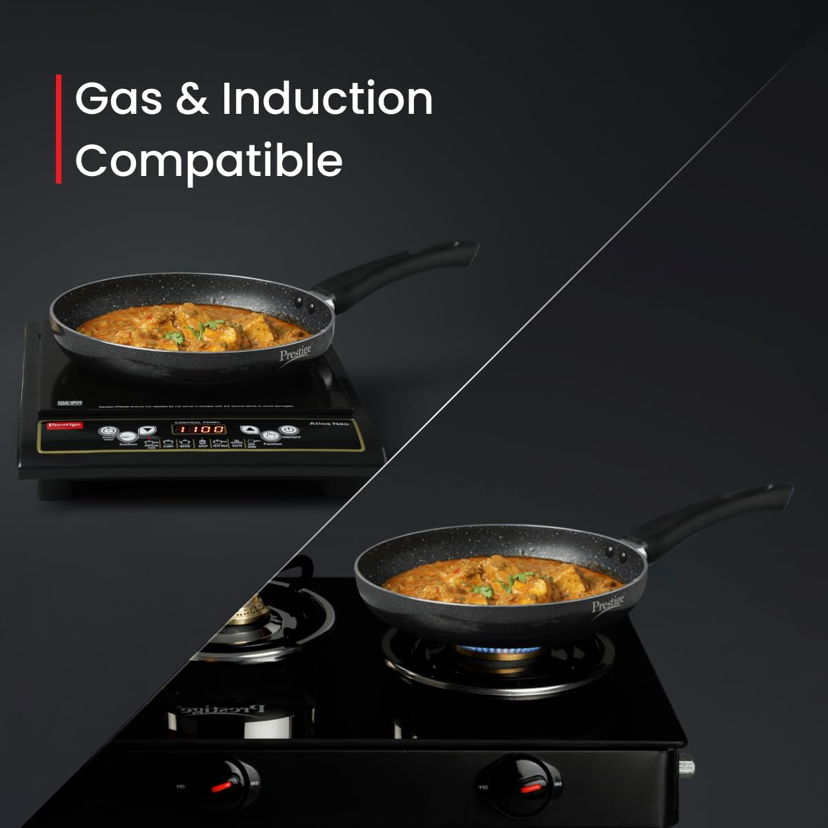 Prestige Non-Stick Omega Deluxe Granite Fry Pan | 24 Centimetre | Black | Induction Base | 5 Layer Non-Stick Cookware | Dishwasher Safe | 2-Layer Metallic Finish
