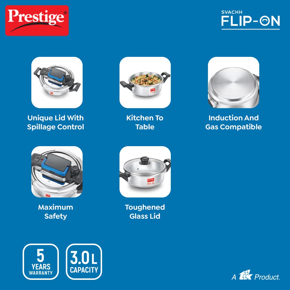 Prestige 3L Svachh FLIP-ON Stainless Steel Pressure Cooker with glass lid|Innovative lock lid with spillage control|Gas & Induction compatible|5 years warranty|Silver
