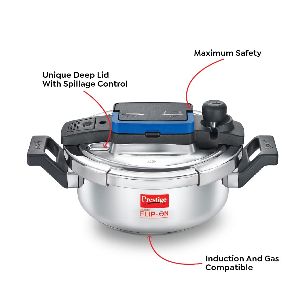 Prestige 3L Svachh FLIP-ON Stainless Steel Pressure Cooker with glass lid|Innovative lock lid with spillage control|Gas & Induction compatible|5 years warranty|Silver