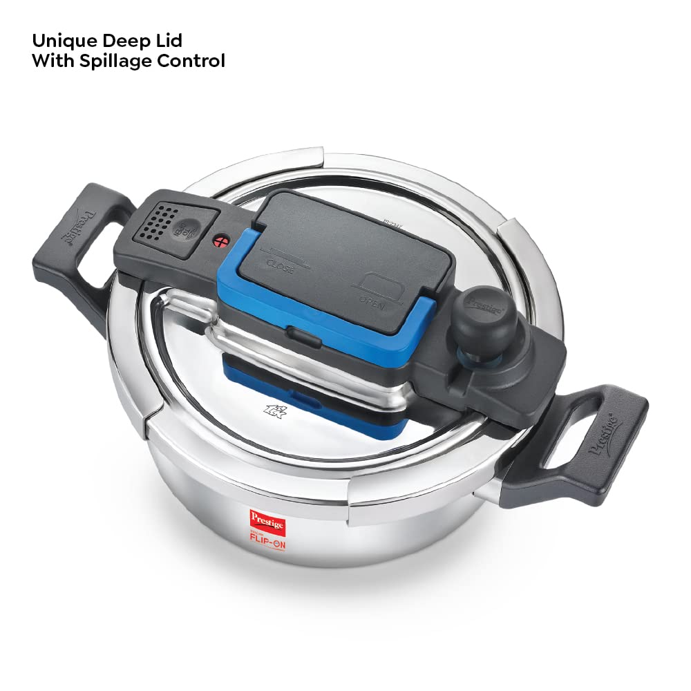 Prestige 3L Svachh FLIP-ON Stainless Steel Pressure Cooker with glass lid|Innovative lock lid with spillage control|Gas & Induction compatible|5 years warranty|Silver