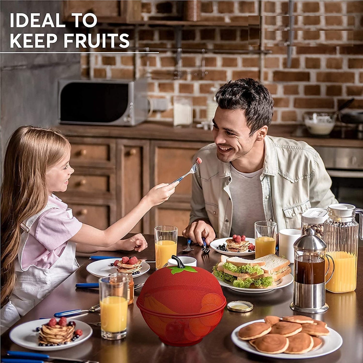 Fruit Basket with Lid Net Cover Steel Big Size for Dinning Kitchen Home Apple Shape Net Cover Protective Fruits Vegetables Food Storage Basket Strainer Kitchen Accessories (Red)