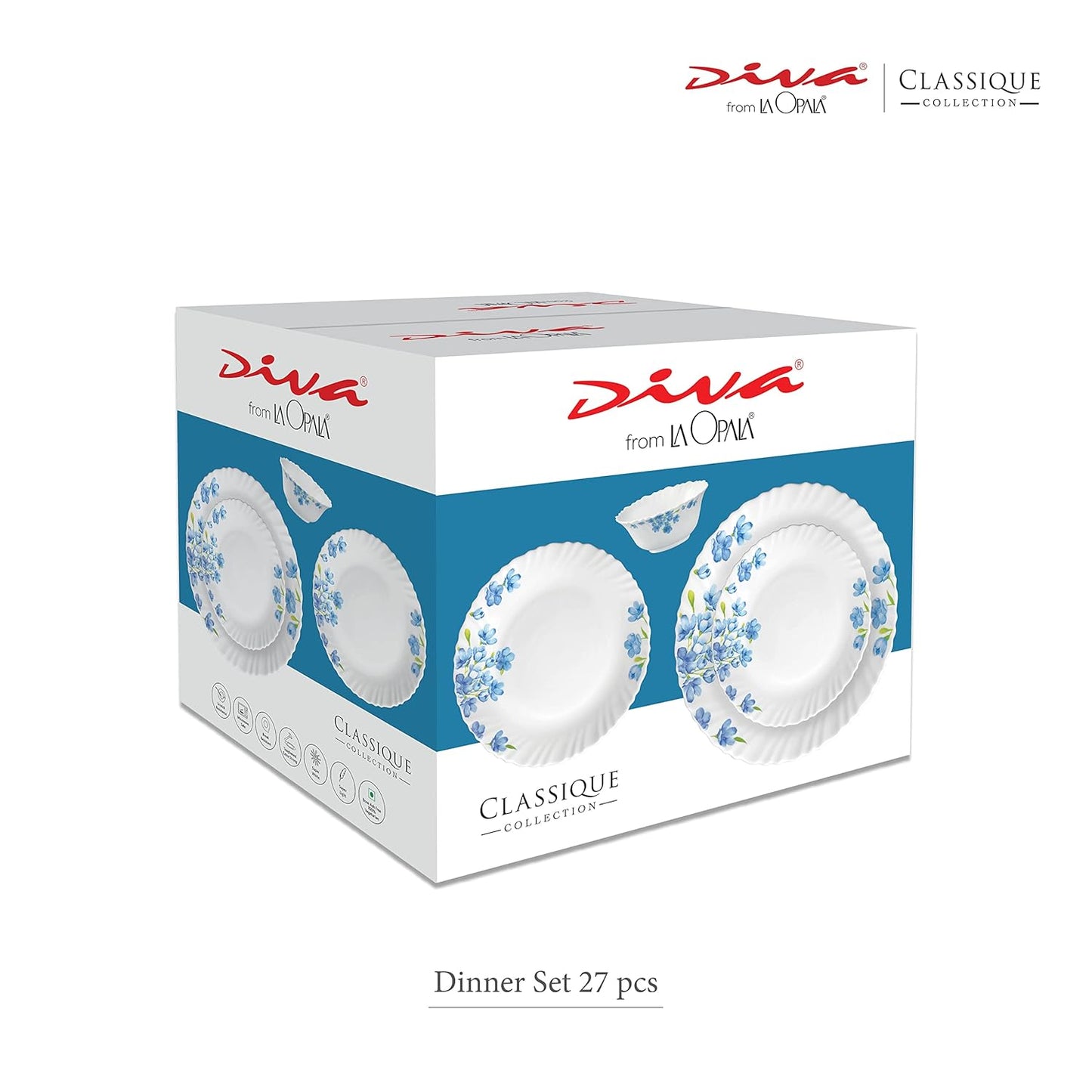La Opala Diva, Classique Collection, Opal Glass Dinner Set 27 pcs, Royal Iris, White