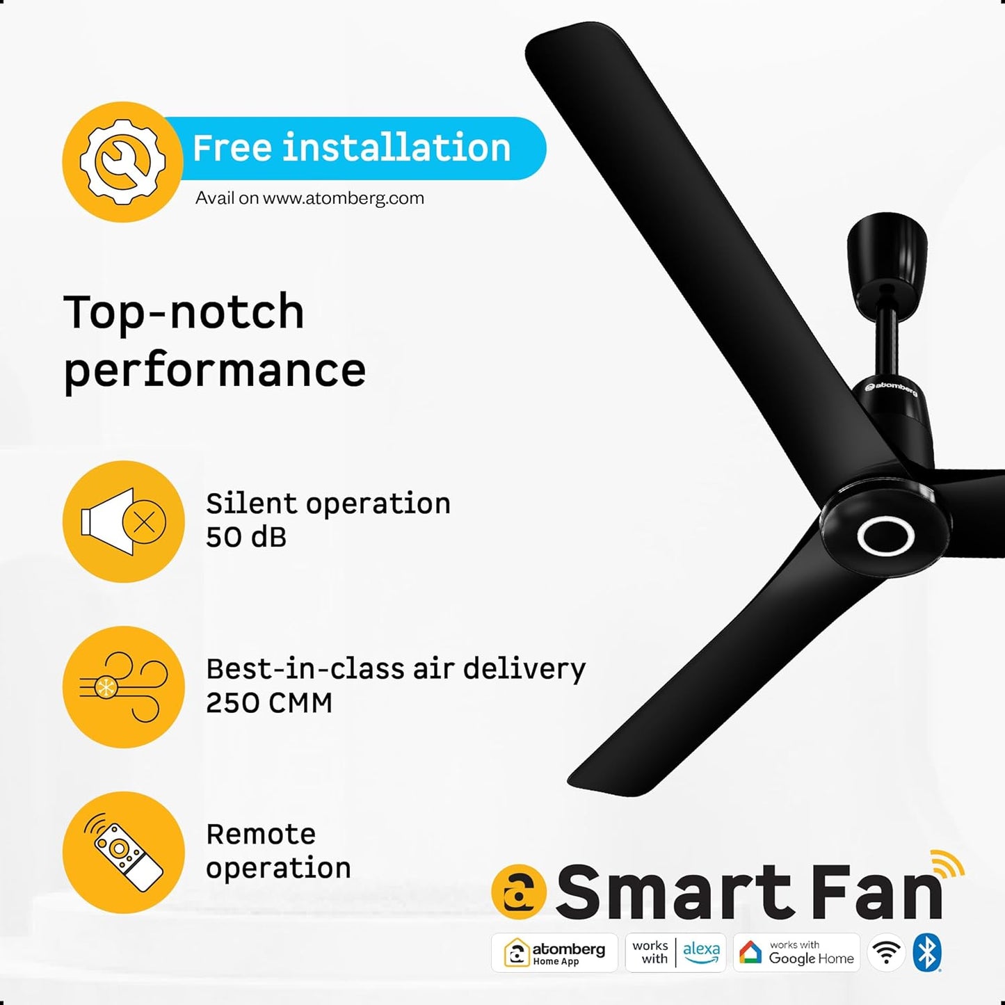 Atomberg Aris Contour Smart 1200mm BLDC Ceiling Fan with IoT & Remote,5 star,Best-in-class Air Delivery,Silent Operation,Free Installation, Award Winning Sleek Design, 3 Year Warranty (Midnight Black)