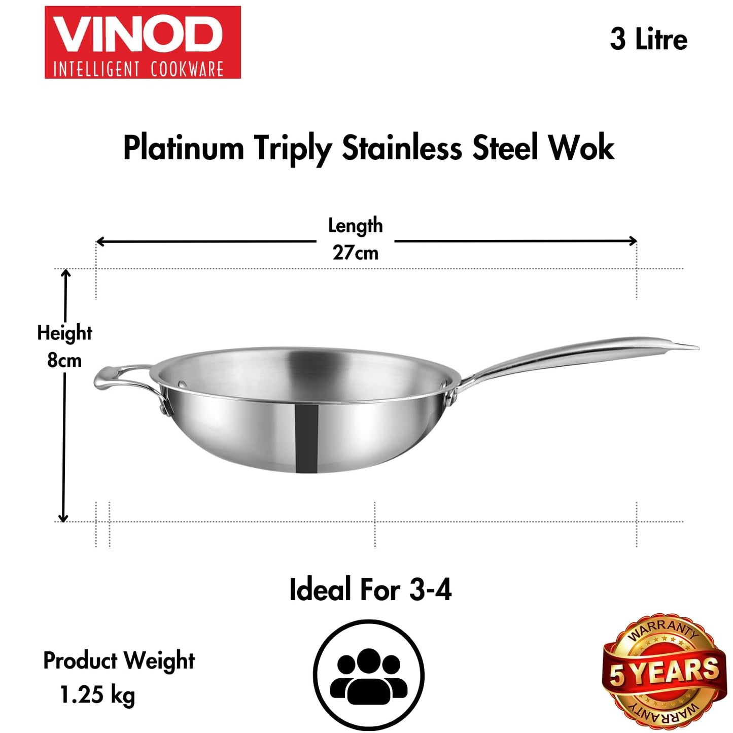 Vinod Platinum Triply Stainless Steel Wok - 3 Litre, 26 cm | Riveted Handle | Stir, Shallow Fry/Noodles/Curry/Fried Rice | Induction Base | 5 Year Warranty - Silver