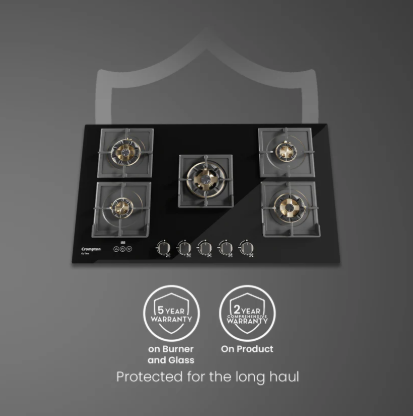 Crompton Optime 90 cm 5 Burners Built-in Glass HOB with Digital Timer, Full Brass Burners & 3D Flame Technology (HOB-OPFBTI900-MBL, Midnight Black)