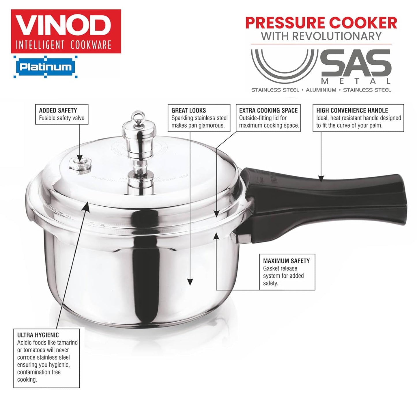 Vinod Platinum Triply Stainless Steel Outer Lid Pressure Cooker 5 Litres - ISI certified, Silver (Induction and Gas Stove Friendly) with 2 Years Warranty