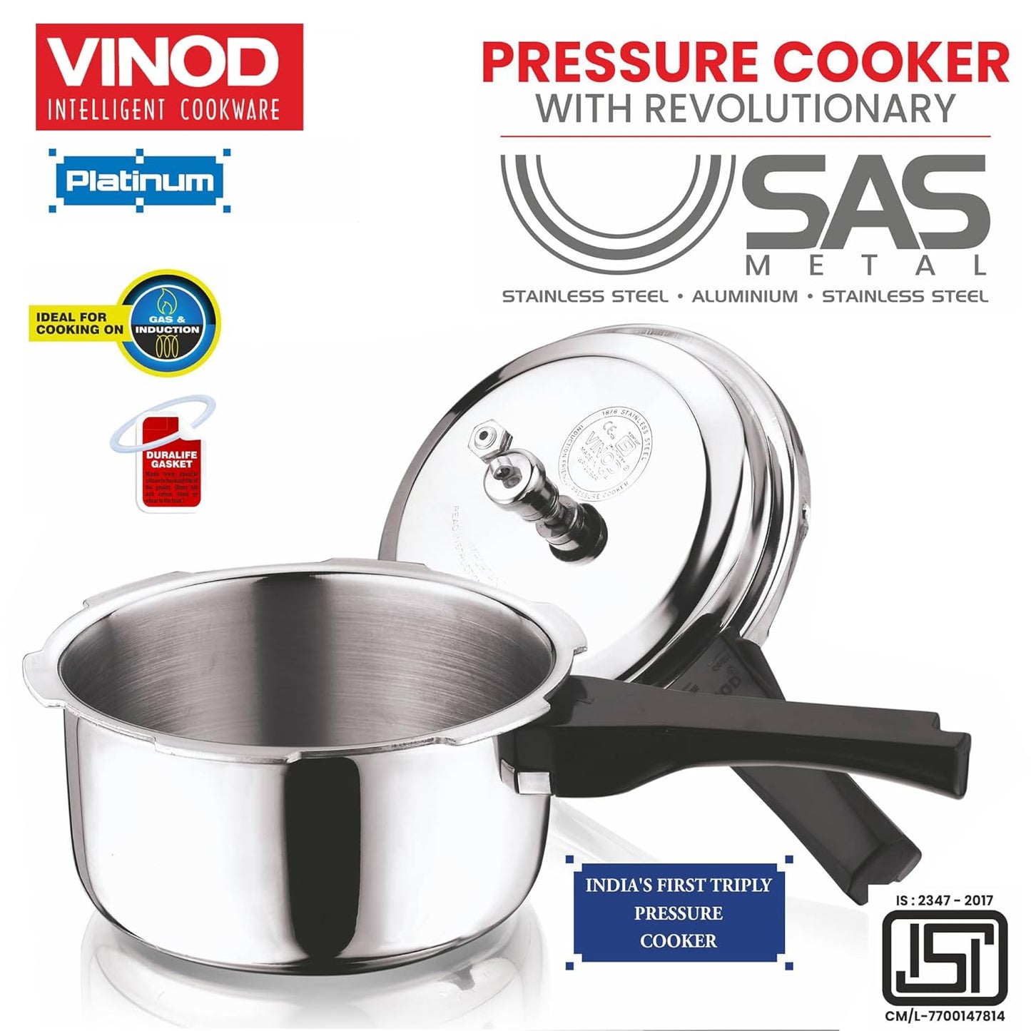 Vinod Platinum Triply Stainless Steel Outer Lid Pressure Cooker 5 Litres - ISI certified, Silver (Induction and Gas Stove Friendly) with 2 Years Warranty