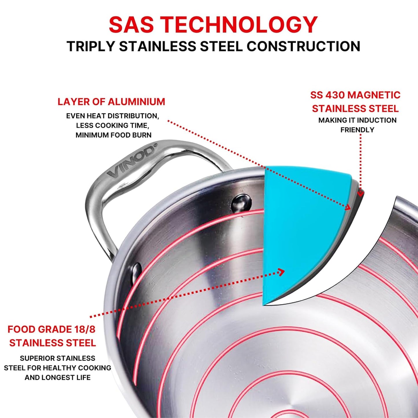 Vinod Platinum Triply Stainless Steel Kadai with Stainless Steel Lid 3.2 litres Capacity (26 cm Diameter) | 3.2 L Triply Stainless Steel Kadai - Silver (Induction and Gas Stove Friendly)