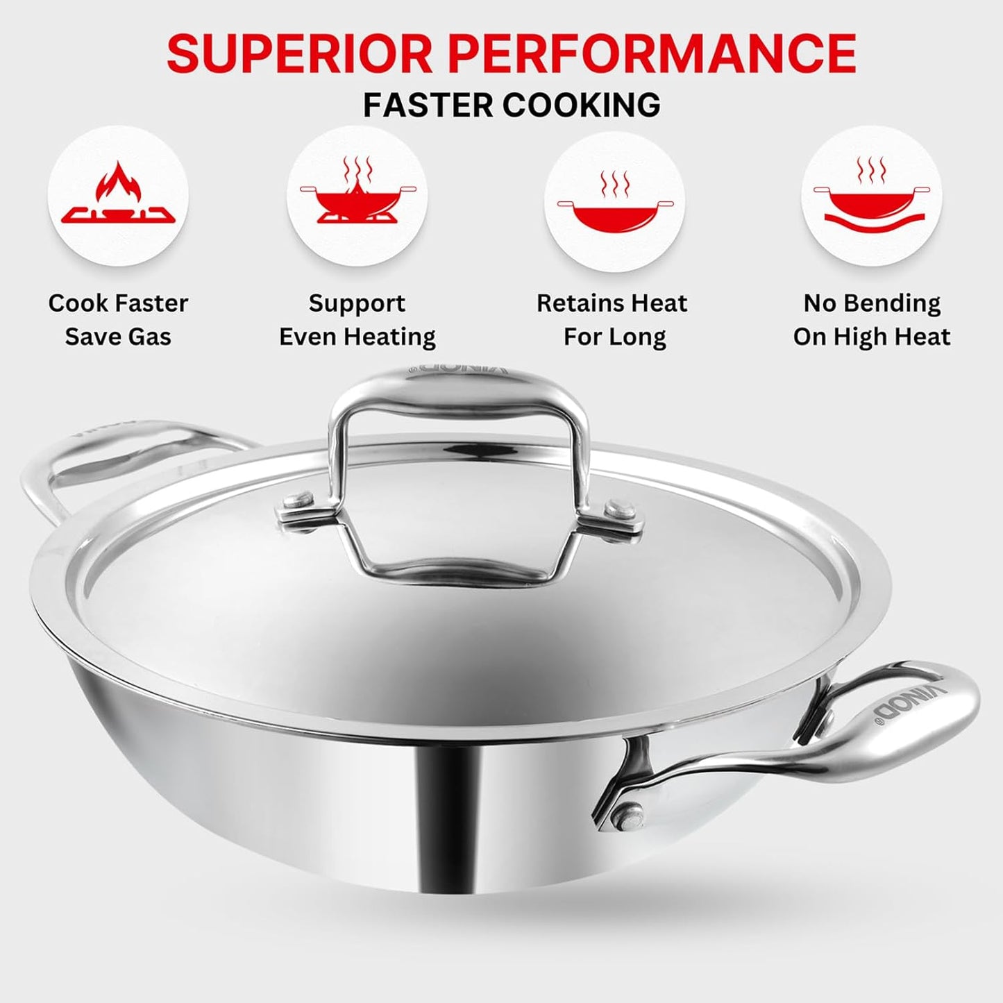 Vinod Platinum Triply Stainless Steel Kadai with Stainless Steel Lid 3.2 litres Capacity (26 cm Diameter) | 3.2 L Triply Stainless Steel Kadai - Silver (Induction and Gas Stove Friendly)