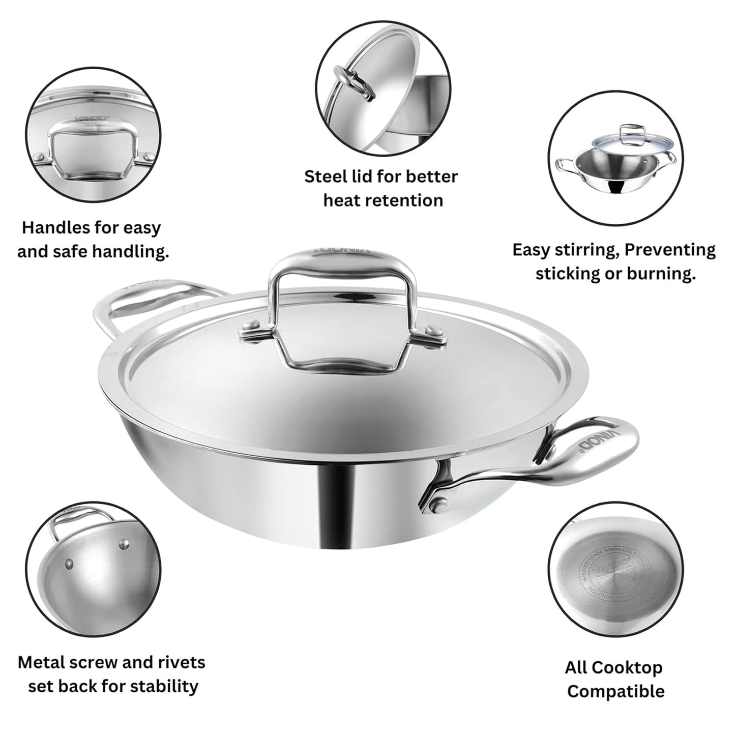 Vinod Platinum Triply Stainless Steel Kadai with Stainless Steel Lid 3.2 litres Capacity (26 cm Diameter) | 3.2 L Triply Stainless Steel Kadai - Silver (Induction and Gas Stove Friendly)