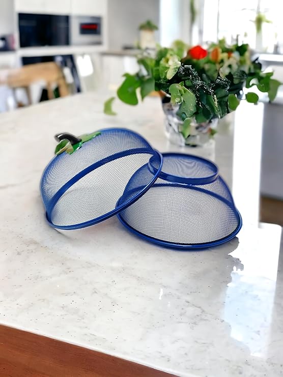 Fruit Basket with Lid Net Cover Steel Big Size for Dinning Kitchen Home Apple Shape Net Cover Protective Fruits Vegetables Food Storage Basket Strainer Kitchen Accessories (Blue)