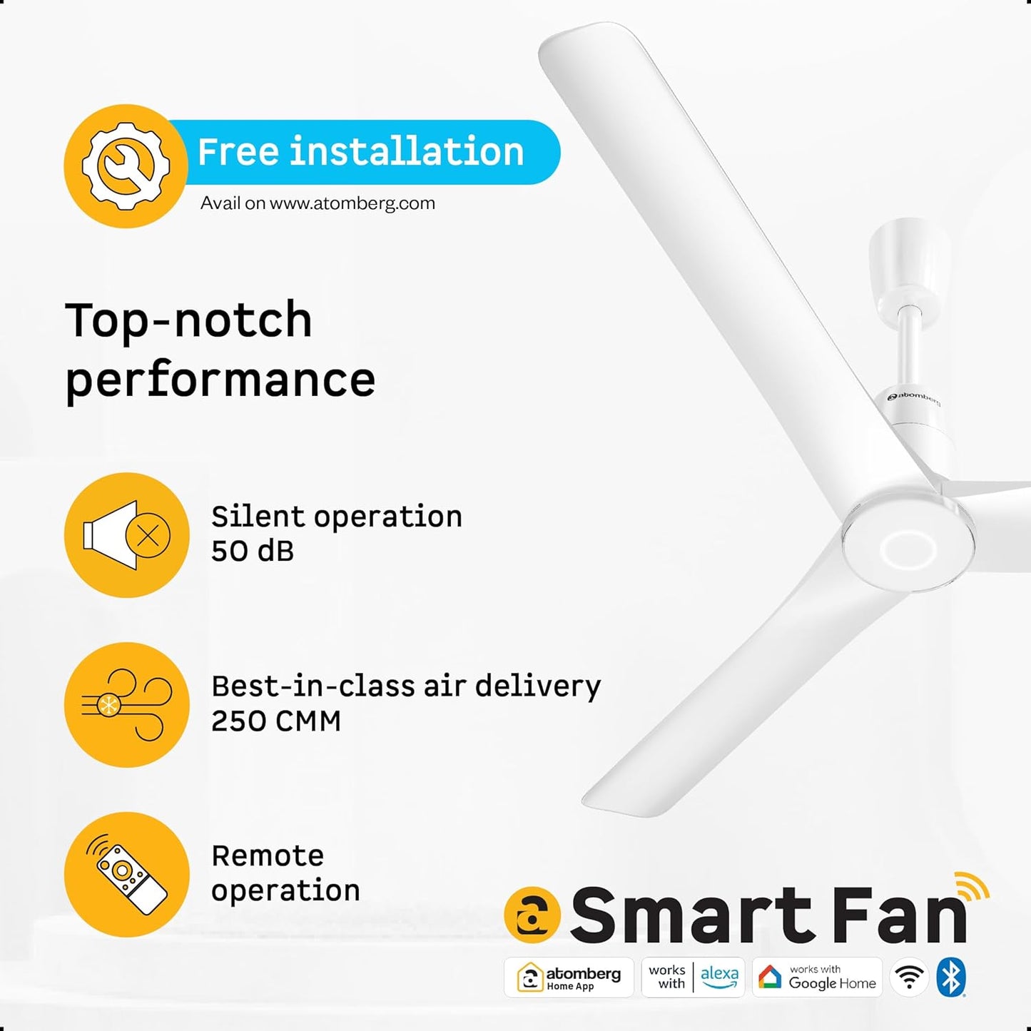 Atomberg Aris Contour Smart 1200mm BLDC Ceiling Fan with IoT & Remote,5 star,Best-in-class Air Delivery,Silent Operation,Free Installation, Award Winning Sleek Design, 3 Year Warranty (Marble White)