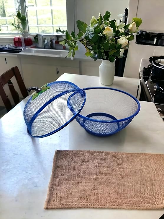 Fruit Basket with Lid Net Cover Steel Big Size for Dinning Kitchen Home Apple Shape Net Cover Protective Fruits Vegetables Food Storage Basket Strainer Kitchen Accessories (Blue)