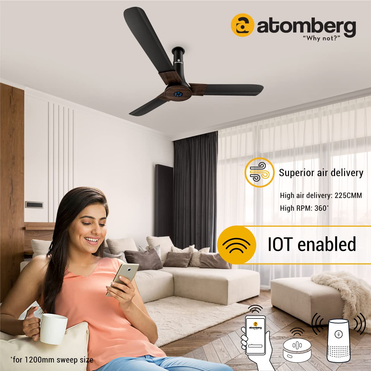 Atomberg Studio Smart+ 1200mm BLDC Ceiling Fan with IoT & Remote | BEE 5 star Rated Energy Efficient Ceiling Fan | High Air Delivery with LED Indicators | 2+1 Year Warranty (Earth Brown)