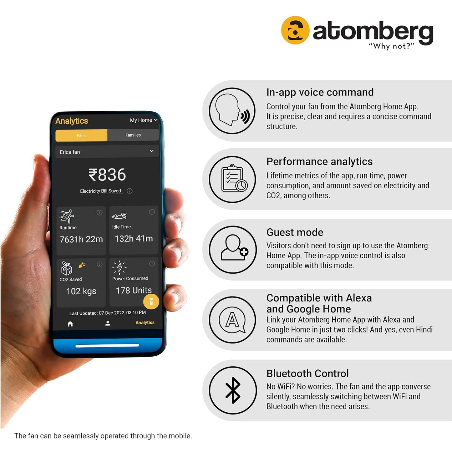 Atomberg Studio Smart+ 1200mm BLDC Ceiling Fan with IoT & Remote | BEE 5 star Rated Energy Efficient Ceiling Fan | High Air Delivery with LED Indicators | 2+1 Year Warranty (Earth Brown)