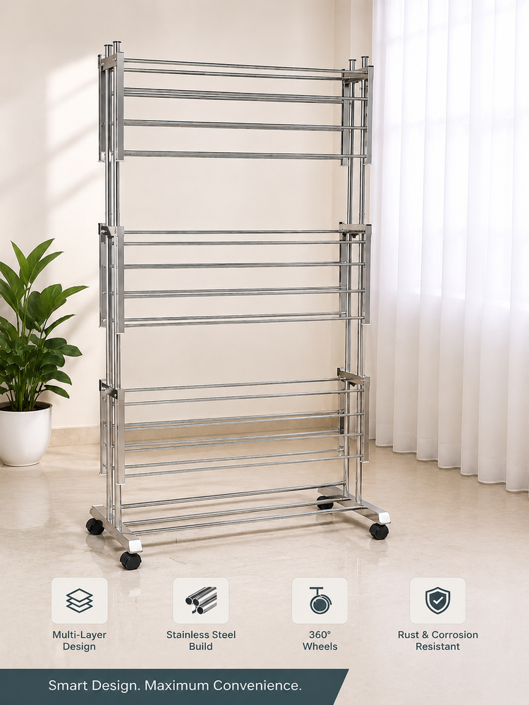 3 Tier Stainless Steel Foldable Clothes Drying Stand with Wheels | Heavy Duty Laundry Drying Rack | Multi-Layer Garment Dryer for Indoor & Outdoor Use | Rust Resistant Cloth Stand