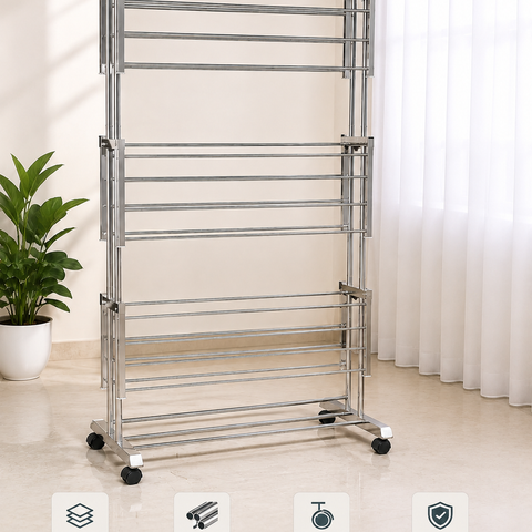 3 Tier Stainless Steel Foldable Clothes Drying Stand with Wheels | Heavy Duty Laundry Drying Rack | Multi-Layer Garment Dryer for Indoor & Outdoor Use | Rust Resistant Cloth Stand