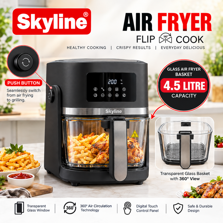Skyline VTL-5120 1500W 2-in-1 Convertible Air Fryer & Cooking Pan, 4.5L Frying Basket + 2L Pan, 360° Hot Air Technology, Fry Roast Grill Bake & Cook, Non-Stick Low-Oil Air Fryer