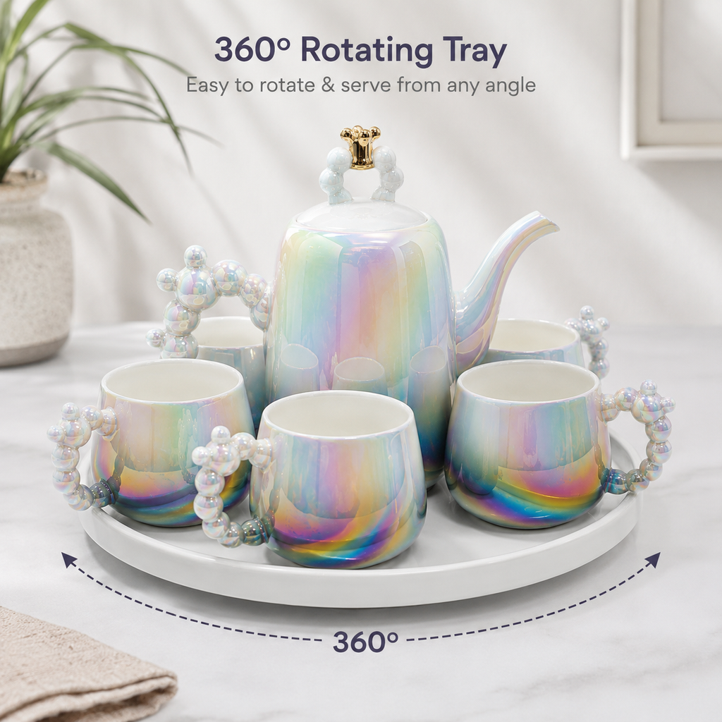 Imported Luxury Ceramic Tea Kettle Set with 6 Cups & 360° Rotating Serving Tray | Premium Iridescent Porcelain Tea Set for Home, Office & Gifting-Dark Grey & White