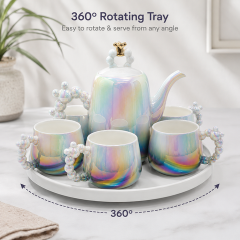 Imported Luxury Ceramic Tea Kettle Set with 6 Cups & 360° Rotating Serving Tray | Premium Iridescent Porcelain Tea Set for Home, Office & Gifting-Dark Grey & White