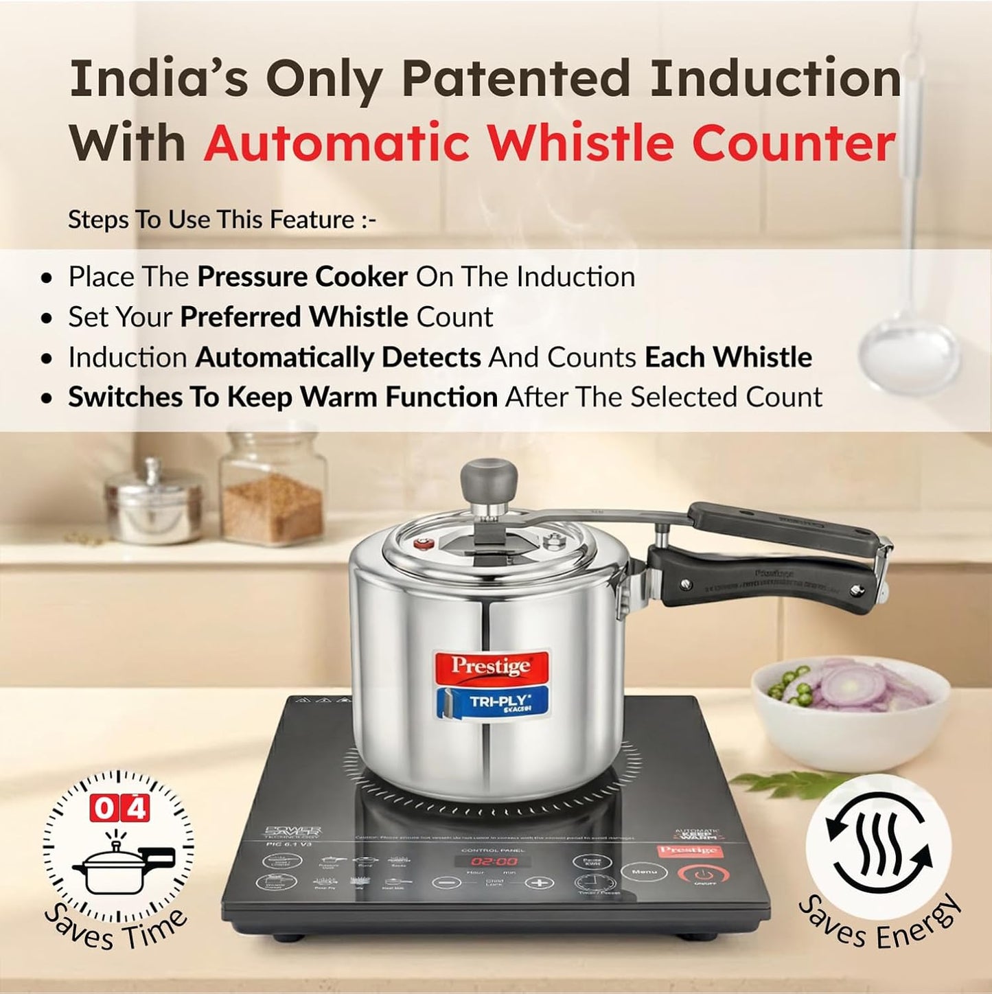 Prestige PIC 6.1 V3 2200 Watts Induction Cooktop | Patented Automatic Whistle Counter | 4KV Surge Protection | 7 Preset Indian Menu Options With Timer | Touch Button | Black | 1Y Warranty | BIS
