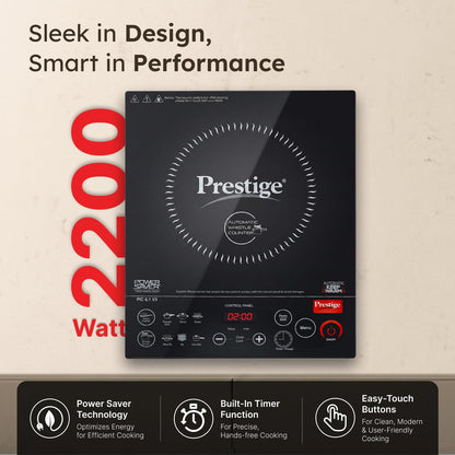 Prestige PIC 6.1 V3 2200 Watts Induction Cooktop | Patented Automatic Whistle Counter | 4KV Surge Protection | 7 Preset Indian Menu Options With Timer | Touch Button | Black | 1Y Warranty | BIS
