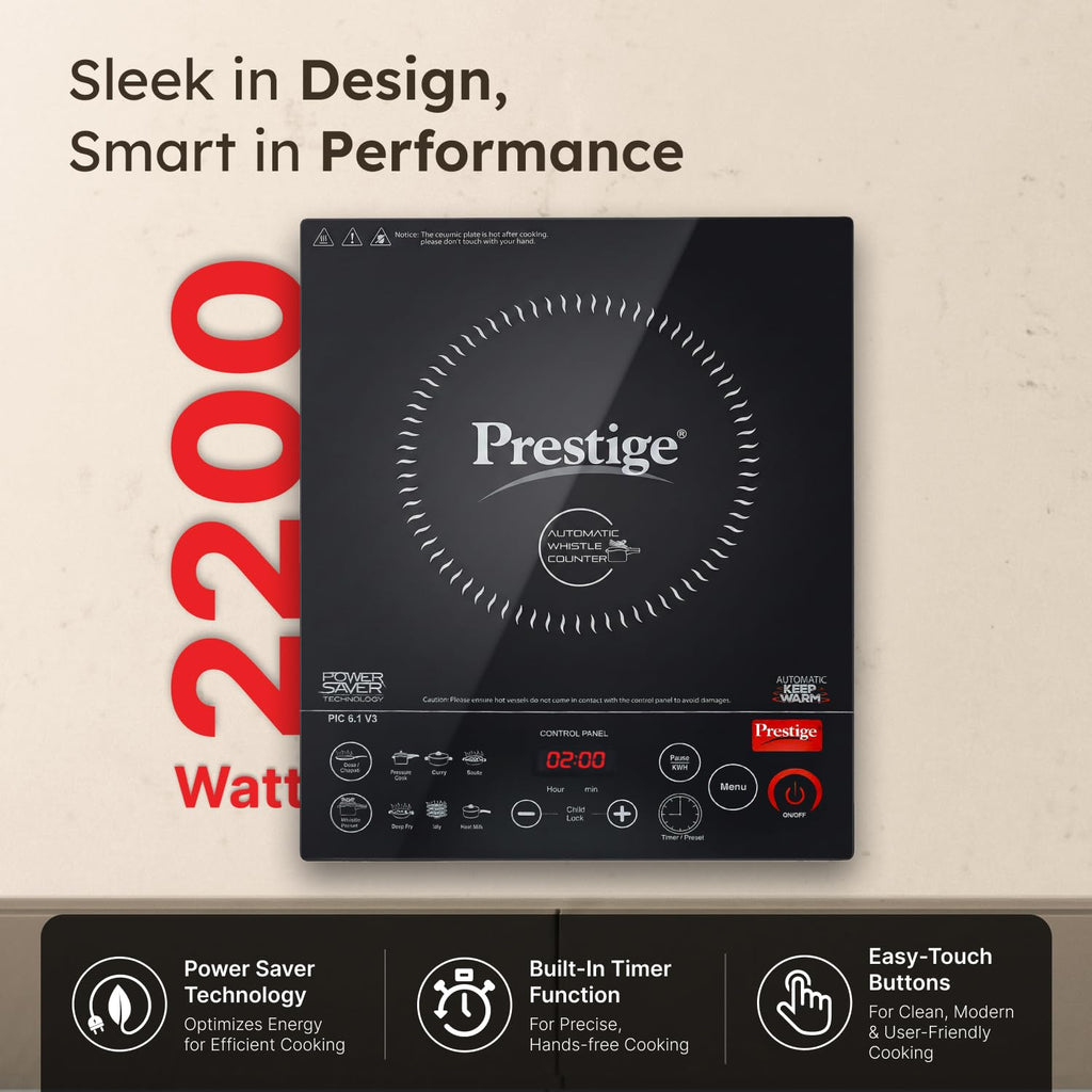 Prestige PIC 6.1 V3 2200 Watts Induction Cooktop | Patented Automatic Whistle Counter | 4KV Surge Protection | 7 Preset Indian Menu Options With Timer | Touch Button | Black | 1Y Warranty | BIS