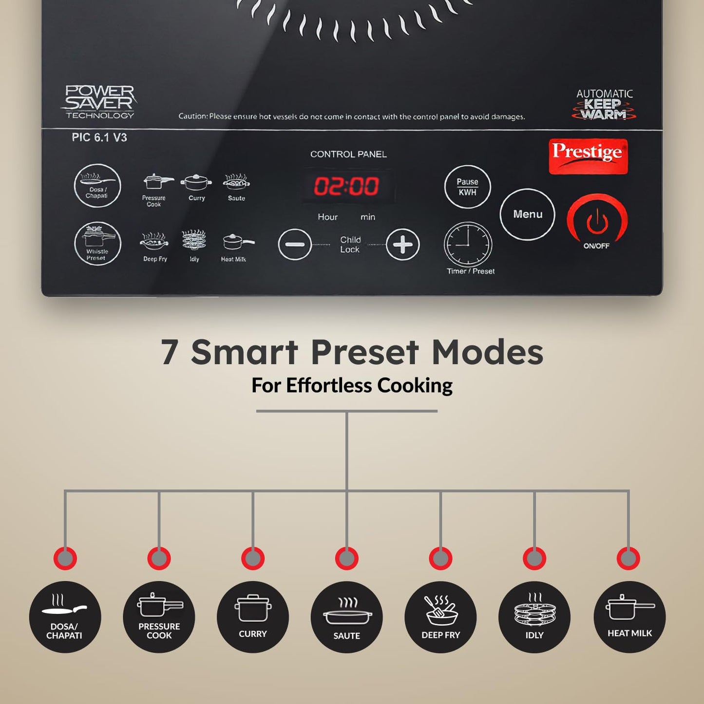 Prestige PIC 6.1 V3 2200 Watts Induction Cooktop | Patented Automatic Whistle Counter | 4KV Surge Protection | 7 Preset Indian Menu Options With Timer | Touch Button | Black | 1Y Warranty | BIS