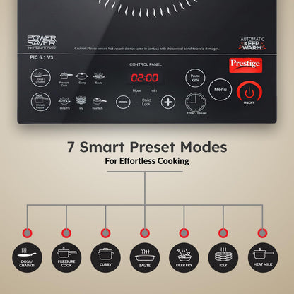 Prestige PIC 6.1 V3 2200 Watts Induction Cooktop | Patented Automatic Whistle Counter | 4KV Surge Protection | 7 Preset Indian Menu Options With Timer | Touch Button | Black | 1Y Warranty | BIS