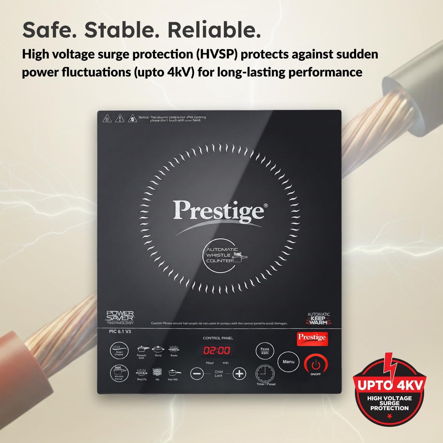 Prestige PIC 6.1 V3 2200 Watts Induction Cooktop | Patented Automatic Whistle Counter | 4KV Surge Protection | 7 Preset Indian Menu Options With Timer | Touch Button | Black | 1Y Warranty | BIS