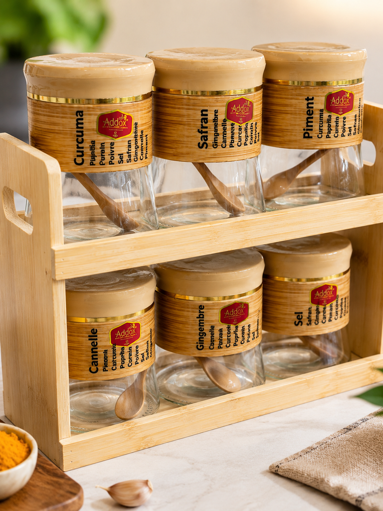 Addox 6-Piece Wooden Spice Jar Set with Bamboo Rack & Spoons | Glass Masala Storage Containers for Kitchen | Spice Organizer & Condiment Holder