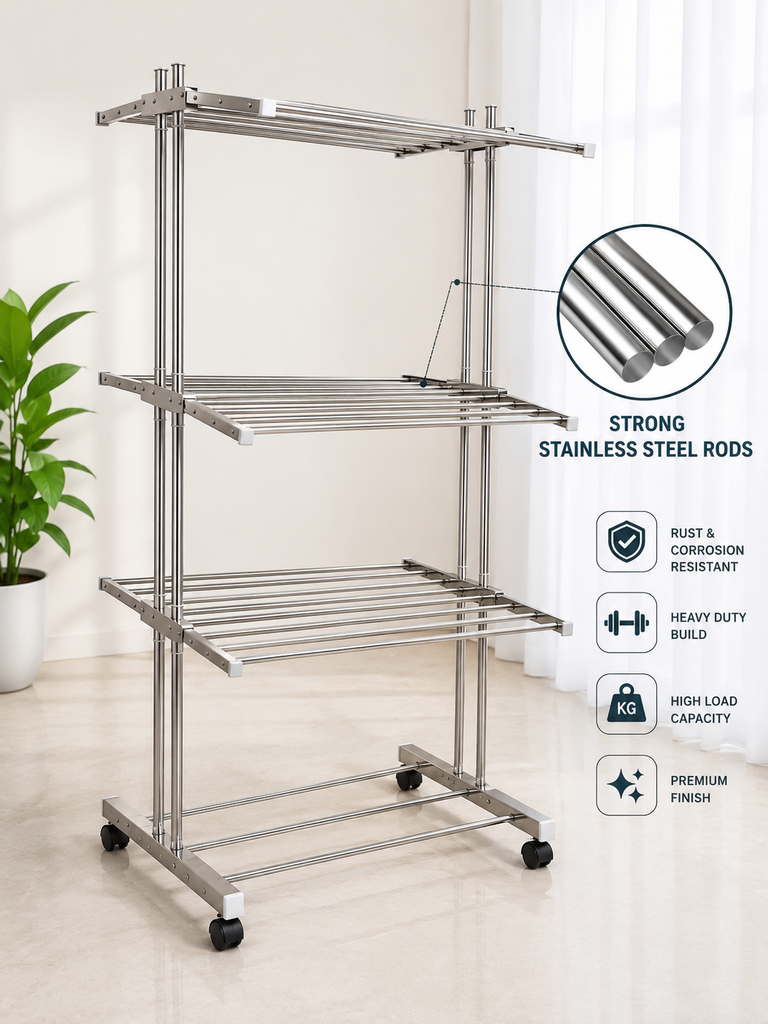 3 Tier Stainless Steel Foldable Clothes Drying Stand with Wheels | Heavy Duty Laundry Drying Rack | Multi-Layer Garment Dryer for Indoor & Outdoor Use | Rust Resistant Cloth Stand