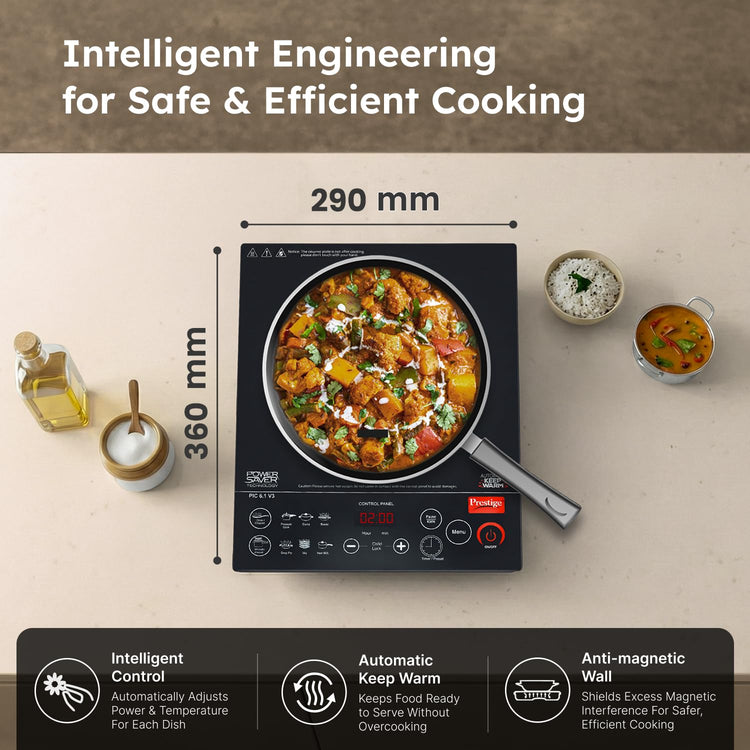 Prestige PIC 6.1 V3 2200 Watts Induction Cooktop | Patented Automatic Whistle Counter | 4KV Surge Protection | 7 Preset Indian Menu Options With Timer | Touch Button | Black | 1Y Warranty | BIS