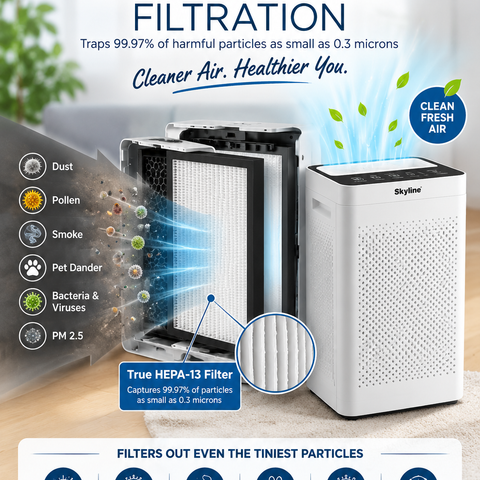 Skyline Smart Air Purifier with True HEPA-13 Filter, PM2.5 & AQI Display, Smart Air Quality Sensor, Filter Replacement Reminder & 8-Hour Timer – Up to 50m²
