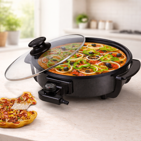 Ovastar Electric Pizza Pan OWPP-1608 | 1500W Non-Stick Multipurpose Cooking Pan with Glass Lid & Temperature Control | Ideal for Pizza, Omelette, Frying & More