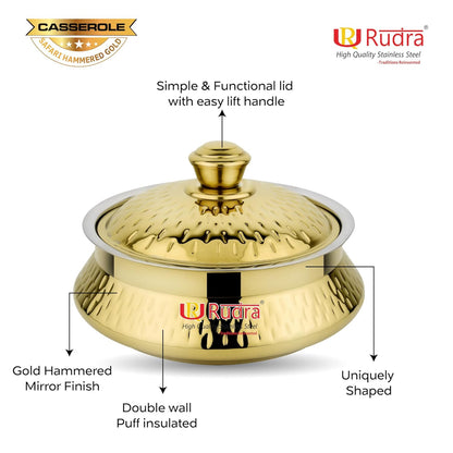 Rudra Safari Hammered Gold Double Walled Stainless Steel Casserole, | PU Insulated | Hot & Cold | Hygiene | Odourless|Easy to Carry|(2 Litres)