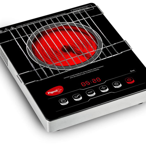 Pigeon Eva Infrared Cooktop 2000 Watts Black (with Free Stainless Steel Grill, Full touch Panel, Auto shut off and Overheat Protection)