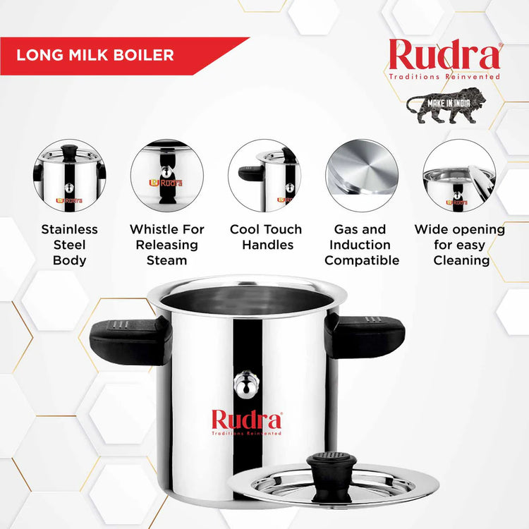 Rudra Stainless Steel Milk Boiler 2 Litre | Premium Induction & Gas Compatible Milk Heating Pot with Whistle Alert | Heavy Gauge Stainless Steel Milk Boiler for Home Kitchen