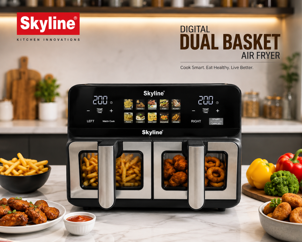 Skyline Digital Dual Basket Air Fryer 10L (5L + 5L) | 2400W | Digital Touch Control | Independent Cooking | See-Through Glass Windows | 80–200°C | 1–60 Min Timer | 1 Year Warranty