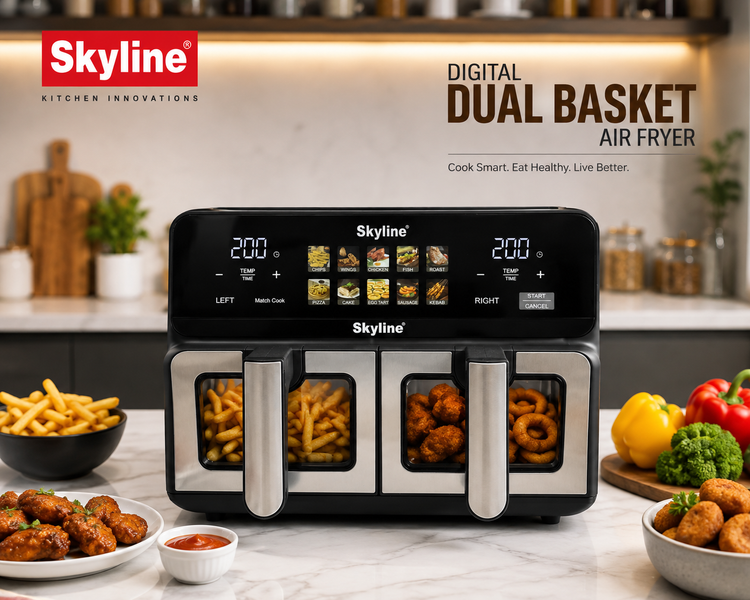 Skyline Digital Dual Basket Air Fryer 10L (5L + 5L) | 2400W | Digital Touch Control | Independent Cooking | See-Through Glass Windows | 80–200°C | 1–60 Min Timer | 1 Year Warranty