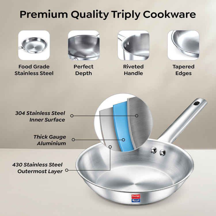 Prestige TRIPLY 4 Pc Cookware Set | TRIPLY Splendid | Fry Pan 22cm/1.9L | Kadai 22cm/2.5L | Sauce Pan 14cm/1.3L | SS Lid 24cm | Gas & Induction Compatible | Even Heat Distribution | 15Y Warranty | ISI