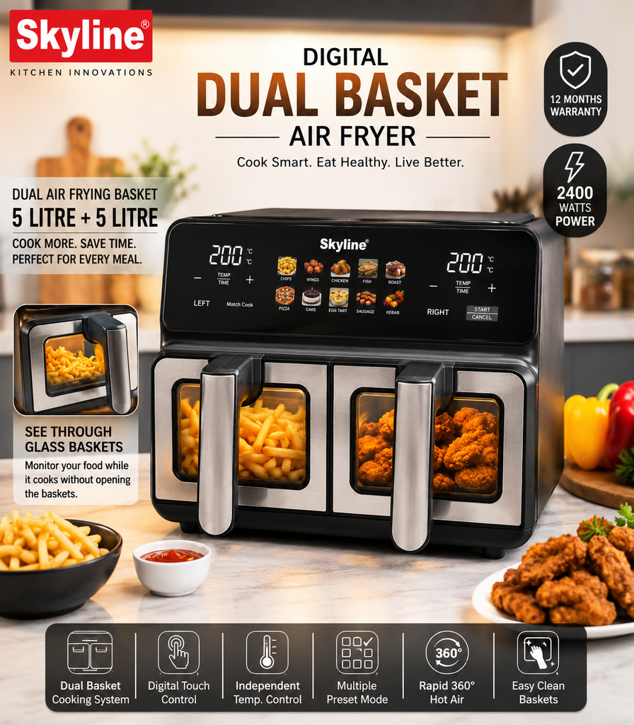Skyline Digital Dual Basket Air Fryer 10L (5L + 5L) | 2400W | Digital Touch Control | Independent Cooking | See-Through Glass Windows | 80–200°C | 1–60 Min Timer | 1 Year Warranty