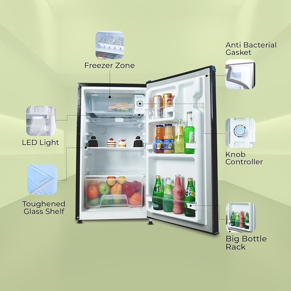 Haier 100 L 2 Star Direct Cool Single Door Mini Bar Refrigerator with Chiller Freezer Box, LED Light for Clear View, Lock & Key and Easy Clean Back (HRD-1252KSA, Black Steel, 2026 Model)
